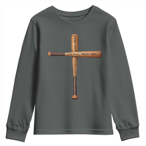 Christian Baseball Youth Sweatshirt I Can Do All Things Through Christ Who Strengthens Me TS11 Dark Heather Print Your Wear