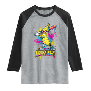 Funny Bruh Banana Baseball Drip Ice Cream Sports Splatter Raglan Shirt TS11 Heather Gray Black Print Your Wear