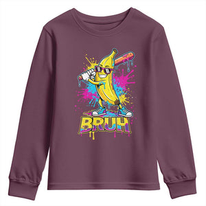 Funny Bruh Banana Baseball Drip Ice Cream Sports Splatter Youth Sweatshirt TS11 Maroon Print Your Wear