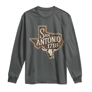 Vintage San Antonio Texas Est 1718 Longhorn Cow Skull Long Sleeve Shirt TS11 Dark Heather Print Your Wear