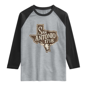 Vintage San Antonio Texas Est 1718 Longhorn Cow Skull Raglan Shirt TS11 Heather Gray Black Print Your Wear