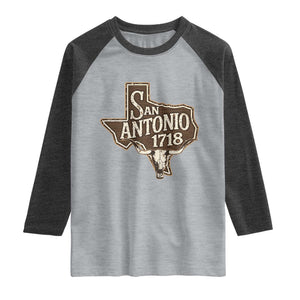 Vintage San Antonio Texas Est 1718 Longhorn Cow Skull Raglan Shirt TS11 Heather Gray Heather Charcoal Print Your Wear
