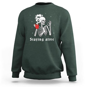 Funny Skull Sweatshirt Staying Alive Skeleton Drink Coffee TS11 Dark Forest Green Print Your Wear