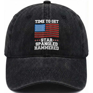 Funny Time To Get Star Spangled Hammered Washed Cotton Baseball Cap 4th of July Drinking Beer Pong Red Cup American Flag TS11 Washed Cap Universal Fit Black Print Your Wear