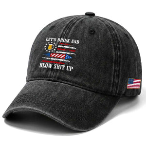 Funny American Drinking Washed Cotton Baseball Cap Let's Drink And Blow Shit Up 4th Of July Beer Rocket TS11 Print Your Wear