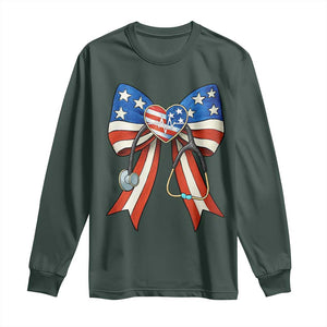 Funny 4th Of July Nurse American Flag Coquette Bow Long Sleeve Shirt TS11 Dark Forest Green Print Your Wear