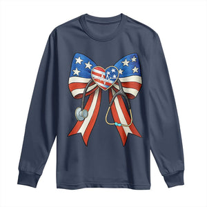 Funny 4th Of July Nurse American Flag Coquette Bow Long Sleeve Shirt TS11 Navy Print Your Wear