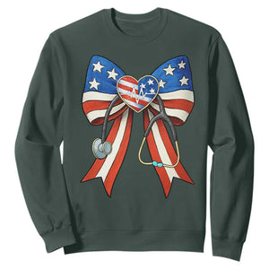 Funny 4th Of July Nurse American Flag Coquette Bow Sweatshirt TS11 Dark Forest Green Print Your Wear