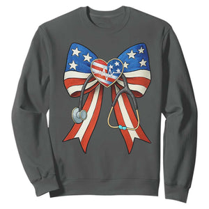 Funny 4th Of July Nurse American Flag Coquette Bow Sweatshirt TS11 Dark Heather Print Your Wear