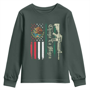 Funny Chinga La Migra Youth Sweatshirt Gun Vintage Mexican Flag TS11 Dark Forest Green Print Your Wear