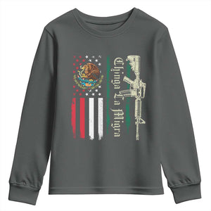 Funny Chinga La Migra Youth Sweatshirt Gun Vintage Mexican Flag TS11 Dark Heather Print Your Wear