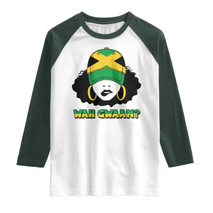 Jamaican Girl Raglan Shirt Wah Gwaan Jamaica Flag TS11 White Dark Forest Green Print Your Wear