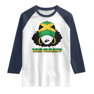 Jamaican Girl Raglan Shirt Wah Gwaan Jamaica Flag TS11 White Navy Print Your Wear