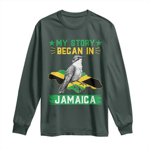 My Story Began In Jamaica Long Sleeve Shirt Hummingbird Jamaican Flag TS11 Dark Forest Green Print Your Wear