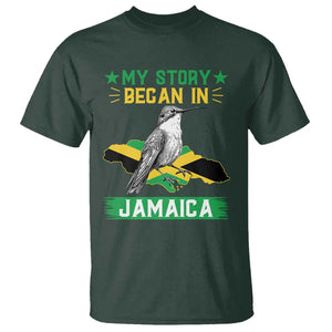 My Story Began In Jamaica T Shirt Hummingbird Jamaican Flag TS11 Dark Forest Green Print Your Wear