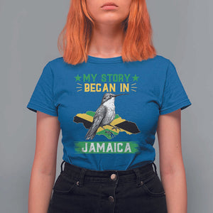 My Story Began In Jamaica T Shirt For Women Hummingbird Jamaican Flag TS11 Royal Blue Print Your Wear