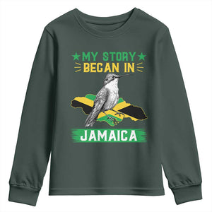 My Story Began In Jamaica Youth Sweatshirt Hummingbird Jamaican Flag TS11 Dark Forest Green Print Your Wear