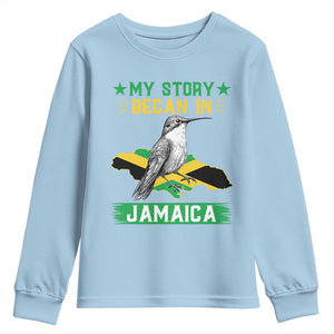 My Story Began In Jamaica Youth Sweatshirt Hummingbird Jamaican Flag TS11 Light Blue Print Your Wear