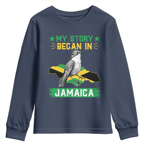 My Story Began In Jamaica Youth Sweatshirt Hummingbird Jamaican Flag TS11 Navy Print Your Wear