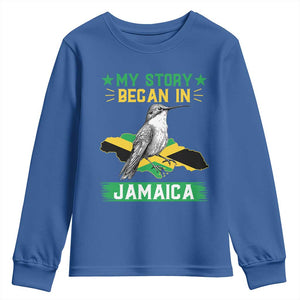 My Story Began In Jamaica Youth Sweatshirt Hummingbird Jamaican Flag TS11 Royal Blue Print Your Wear