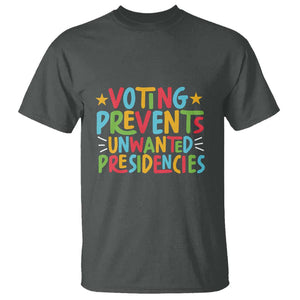 Voting Prevents Unwanted Presidencies T Shirt Colorful US Presidential Election Political 2024 Star TS11 Dark Heather Print Your Wear