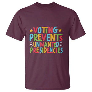 Voting Prevents Unwanted Presidencies T Shirt Colorful US Presidential Election Political 2024 Star TS11 Maroon Print Your Wear