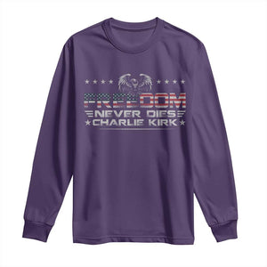 Freedom Never Dies Charlie Kirk Long Sleeve Shirt Vintage American Flag TS11 Purple Print Your Wear