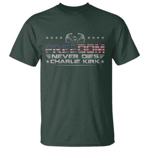 Freedom Never Dies Charlie Kirk T Shirt Vintage American Flag TS11 Dark Forest Green Print Your Wear