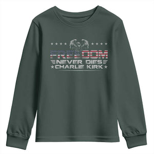 Freedom Never Dies Charlie Kirk Youth Sweatshirt Vintage American Flag TS11 Dark Forest Green Print Your Wear