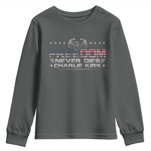 Freedom Never Dies Charlie Kirk Youth Sweatshirt Vintage American Flag TS11 Dark Heather Print Your Wear