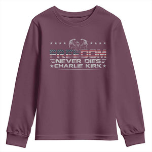 Freedom Never Dies Charlie Kirk Youth Sweatshirt Vintage American Flag TS11 Maroon Print Your Wear