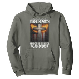 Firm In Faith Fierce In Justice Charlie Kirk Hoodie Christian Cross American Flag TS11 Military Green Print Your Wear