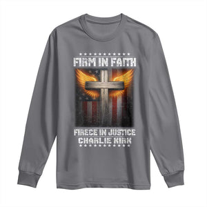 Firm In Faith Fierce In Justice Charlie Kirk Long Sleeve Shirt Christian Cross American Flag TS11 Charcoal Print Your Wear