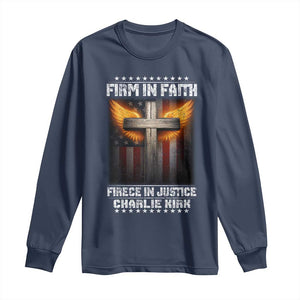 Firm In Faith Fierce In Justice Charlie Kirk Long Sleeve Shirt Christian Cross American Flag TS11 Navy Print Your Wear