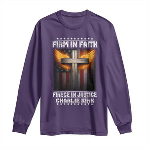 Firm In Faith Fierce In Justice Charlie Kirk Long Sleeve Shirt Christian Cross American Flag TS11 Purple Print Your Wear