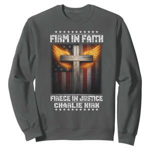 Firm In Faith Fierce In Justice Charlie Kirk Sweatshirt Christian Cross American Flag TS11 Dark Heather Print Your Wear