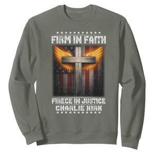 Firm In Faith Fierce In Justice Charlie Kirk Sweatshirt Christian Cross American Flag TS11 Military Green Print Your Wear