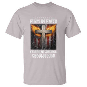 Firm In Faith Fierce In Justice Charlie Kirk T Shirt Christian Cross American Flag TS11 Ice Gray Print Your Wear