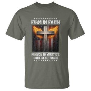 Firm In Faith Fierce In Justice Charlie Kirk T Shirt Christian Cross American Flag TS11 Military Green Print Your Wear