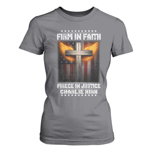 Firm In Faith Fierce In Justice Charlie Kirk T Shirt For Women Christian Cross American Flag TS11 Charcoal Print Your Wear