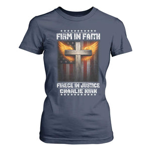 Firm In Faith Fierce In Justice Charlie Kirk T Shirt For Women Christian Cross American Flag TS11 Navy Print Your Wear