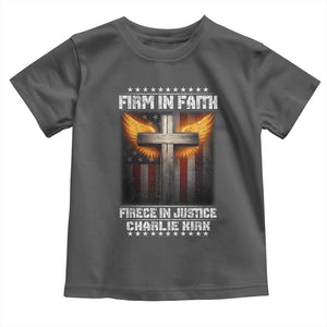 Firm In Faith Fierce In Justice Charlie Kirk Toddler T Shirt Christian Cross American Flag TS11 Dark Heather Print Your Wear