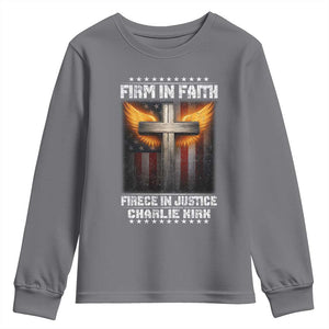 Firm In Faith Fierce In Justice Charlie Kirk Youth Sweatshirt Christian Cross American Flag TS11 Charcoal Print Your Wear