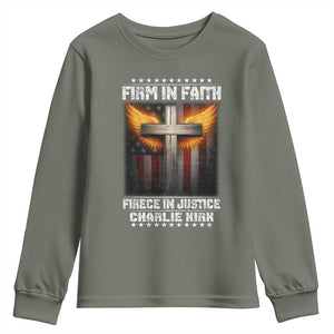 Firm In Faith Fierce In Justice Charlie Kirk Youth Sweatshirt Christian Cross American Flag TS11 Military Green Print Your Wear