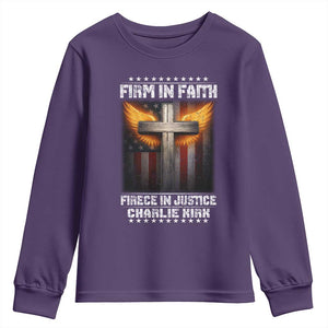 Firm In Faith Fierce In Justice Charlie Kirk Youth Sweatshirt Christian Cross American Flag TS11 Purple Print Your Wear