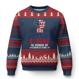 Stand Strong In Honor Of Charlie Kirk Ugly Christmas Sweater Handfist American Flag TS11 Navy Red Print Your Wear