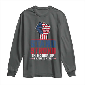 Stand Strong In Honor Of Charlie Kirk Long Sleeve Shirt Handfist American Flag TS11 Dark Heather Print Your Wear