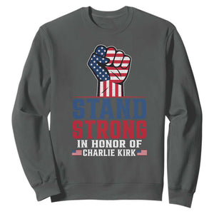 Stand Strong In Honor Of Charlie Kirk Sweatshirt Handfist American Flag TS11 Dark Heather Print Your Wear