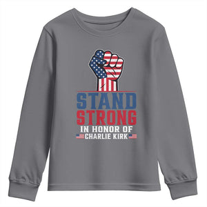 Stand Strong In Honor Of Charlie Kirk Youth Sweatshirt Handfist American Flag TS11 Charcoal Print Your Wear