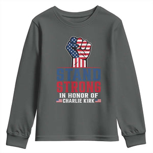 Stand Strong In Honor Of Charlie Kirk Youth Sweatshirt Handfist American Flag TS11 Dark Heather Print Your Wear